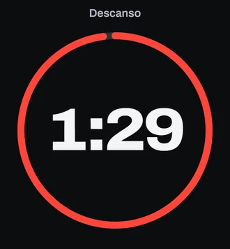 Cronômetro de descanso em tela cheia marcando 1:29, com o anel vermelho esvaziando.