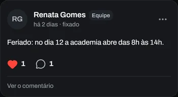 Post fixado da equipe na timeline: feriado, no dia 12 a academia abre das 8h às 14h; 1 curtida e 1 comentário.